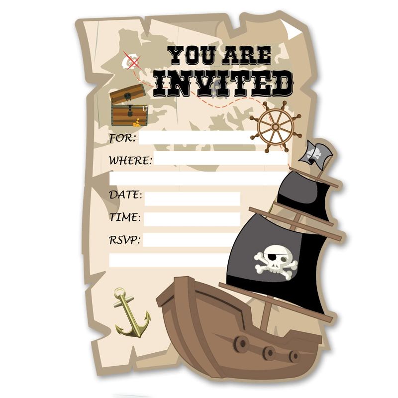 Photo 1 of 3 pack - Pirate Birthday Party Invitations Treasure Map Shaped Fill-In Invitations Set of 15 with Envelopes Pirate Invites Cards for Kids Bday Baby Shower Party Supplies Decoration