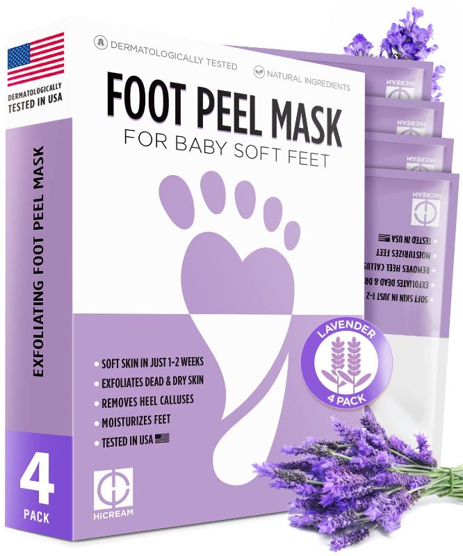 Photo 1 of 3 pack - Hicream Foot Peel Mask- 4 Pairs of Regular Skin Exfoliating Foot mask For Cracked Heels, Dead Skin & Calluses, Removes & Repairs Rough Heels, Dry Toe Skin, Lavender Scent
