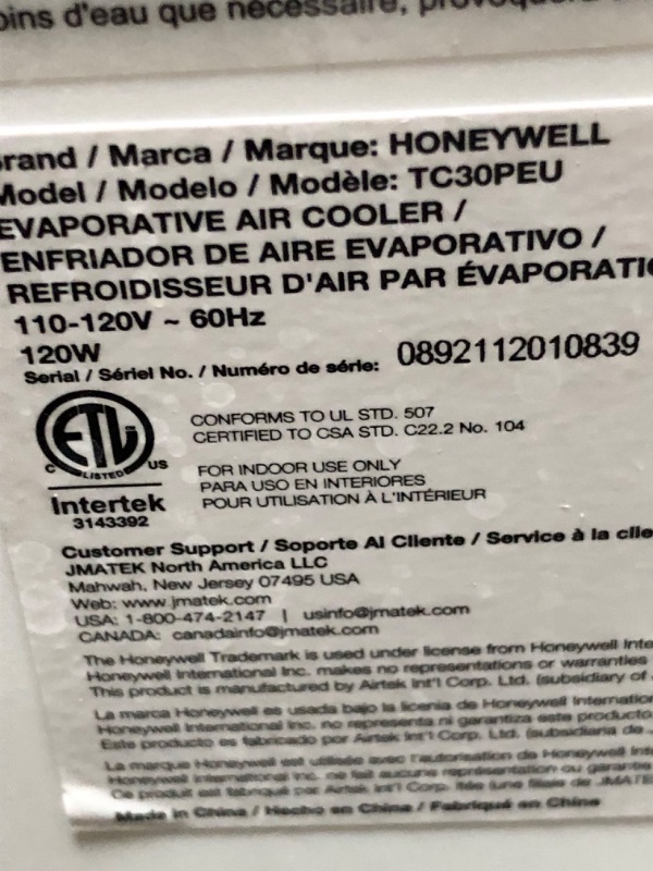 Photo 1 of **NOT FUNCTIONAL PARTS ONLY!! Honeywell Indoor Portable Evaporative Tower Air Cooler with Fan & Humidifier, Washable Dust Filter & Remote Control, TC30PEU, White 43.5"