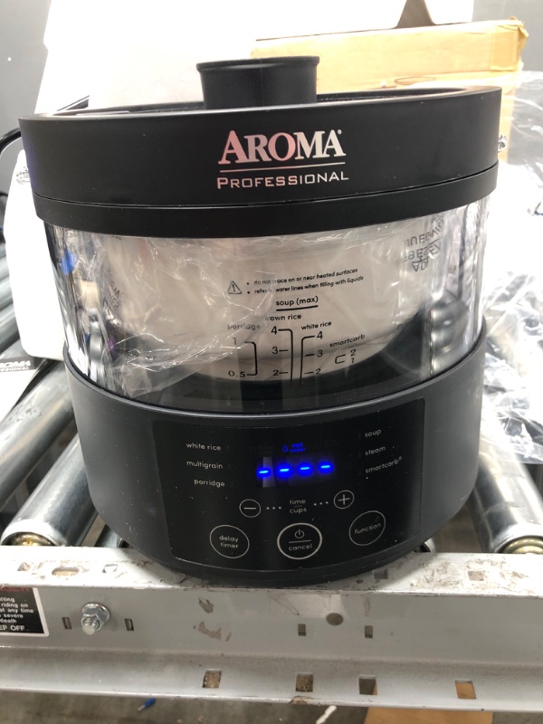 Photo 3 of ***POWERS ON*** Aroma Housewares Professional 8-Cup (Cooked) SmartCarb Multicooker and Flavor-Lock Food Steamer for Low-Carb Rice and Grains, Glass Inner Pot, Black (AMC-800), Transparent Glass, 4 Cup Uncooked Rice Pro Glass 4-Cup Uncooked