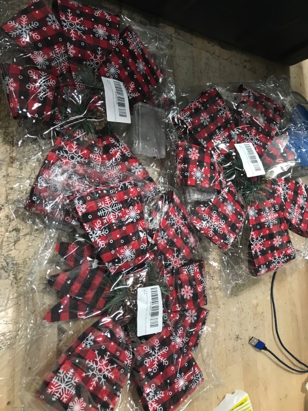 Photo 2 of **BUNDLE OF 3**  Christmas Tree Topper Bow with LED Lights Timer Buffalo Plaid Decorative Bows for Xmax Tree Christmas Bows with Snowflake and Pine Cone for Wreath Door Wall Holiday Xmas Party Winter Decor (Red,Black)