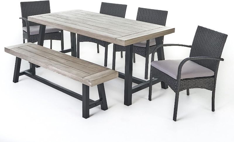 Photo 1 of ***INCOMPLETE, 2 CHAIRS ONLY***  Christopher Knight Home Louise Outdoor Wicker Dining Set with Acacia Wood Table and Bench and Water Resistant Cushions, 6-Pcs Set, Sandblast Light Grey / Black Rustic Metal / Grey / Grey Cushions