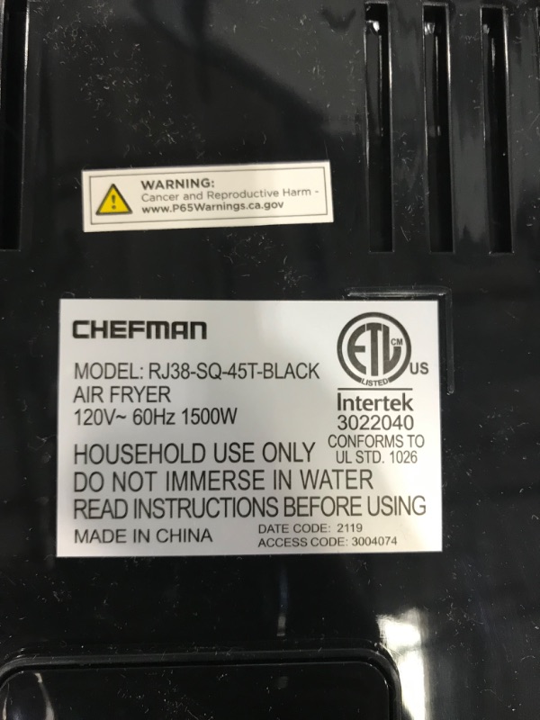 Photo 6 of **MINOR DAMAGE**CHEFMAN Air Fryer 4.5 Qt, Healthy Cooking, User Friendly, Nonstick Stainless Steel, Digital Touch Screen with 4 Cooking Functions w/ 60 Minute Timer, BPA-Free, Dishwasher Safe Basket 8 Quart - Stainless Steel with Divider 4.5 Quart - Black