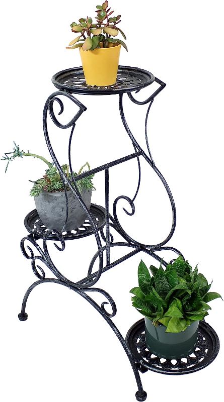 Photo 1 of **LOOSE HARDWARE**Sunnydaze 3-Tier Victorian Metal Plant Stand, Indoor/Outdoor Flower Pot Holder, 31 Inch Tall, Black
