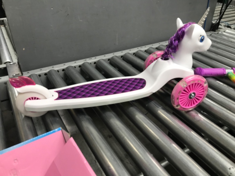 Photo 2 of **MINOR WEAR & TEAR**Dimensions Kick Scooter for Kids, Self-Balancing 3 Wheeled Scooter with Light Up Wheels & Deck, Extra Wide Anti-Slip Deck, Rear Brake, Lean to Steer, Lightweight, for Kids 3 and Up, 75 LB Limit Unicorn