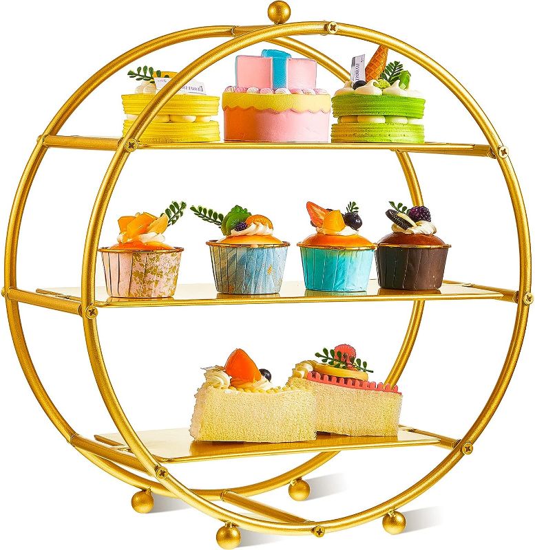 Photo 1 of 16.9" Gold Metal Tiered Cupcake Stand Round 3 Tier Dessert Stand Cupcake Holder Stand for Dessert Table Display Party Baby Shower Wedding Birthday
