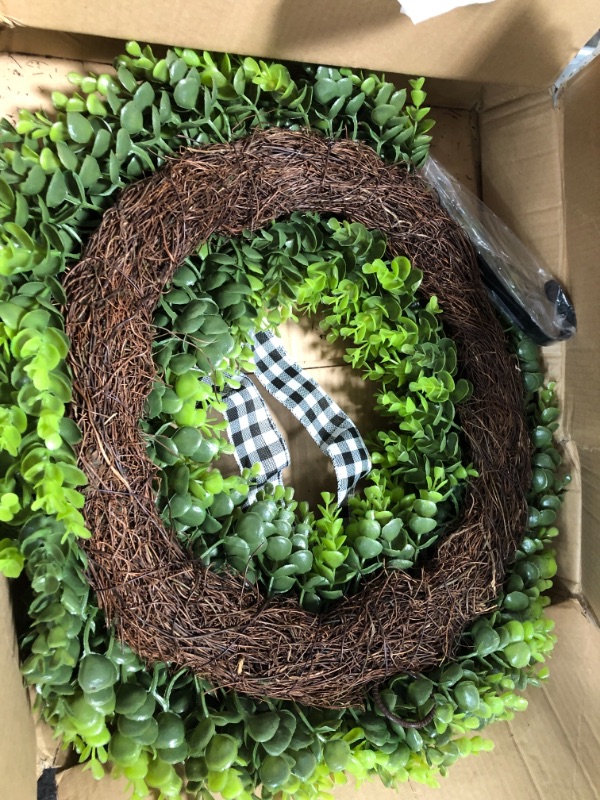 Photo 2 of 23" Faux Round Boxwood Wreath, Vlorart Artificial Boxwood Wreath Front Door Wreaths Artificial Spring Summer Greenery Hanging with A Plaid Bow for Front Door Wall Hanging Window Wedding Party Decor 23inch