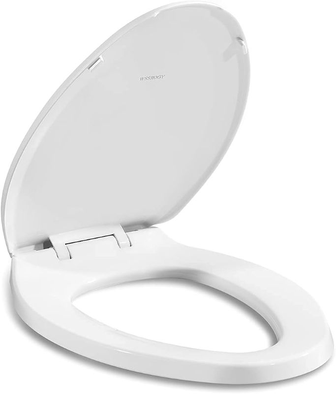 Photo 1 of WSSROGY Elongated Toilet Seat with Lid, Quiet Close, Fits Standard Elongated or Oblong Toilets, Slow Close Seat and Cover, Oval, White
