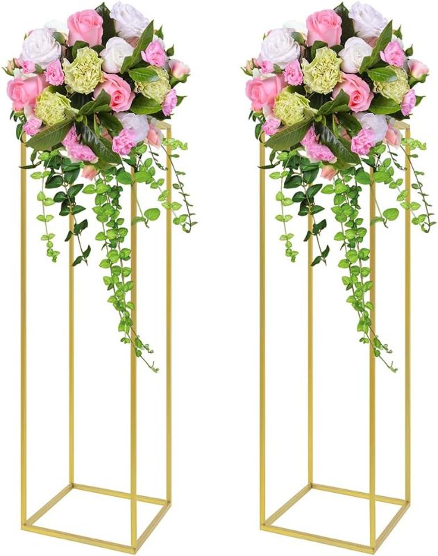 Photo 1 of 2Pcs Gold Flower Stand for Wedding, Rectangular Flower Display Rack Metal Geometric Flower Vase Column Stand Easy to Install Suitable for Home Wedding Party Decorations