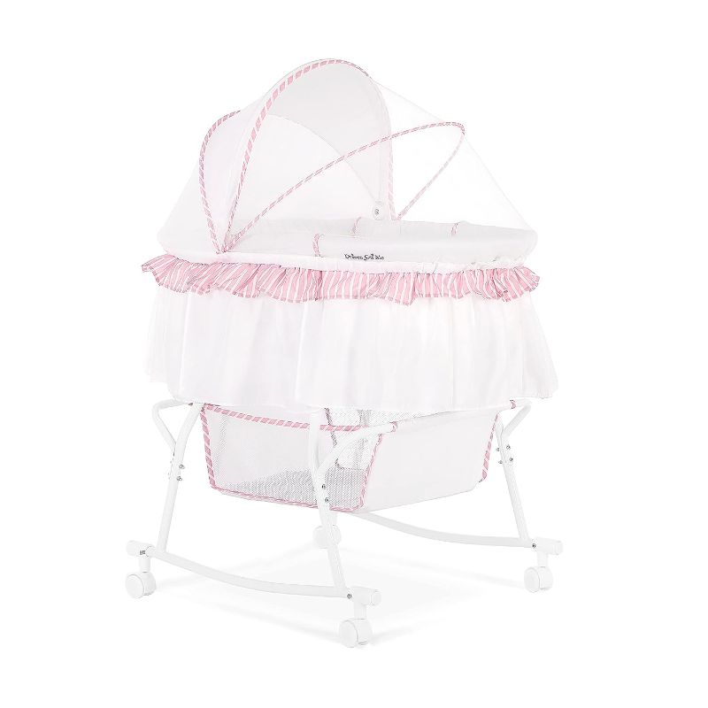 Photo 1 of Dream On Me Lacy Portable 2-in-1 Bassinet & Cradle in Pink and White, Lightweight Baby Bassinet with Storage Basket, Adjustable and Removable Canopy
