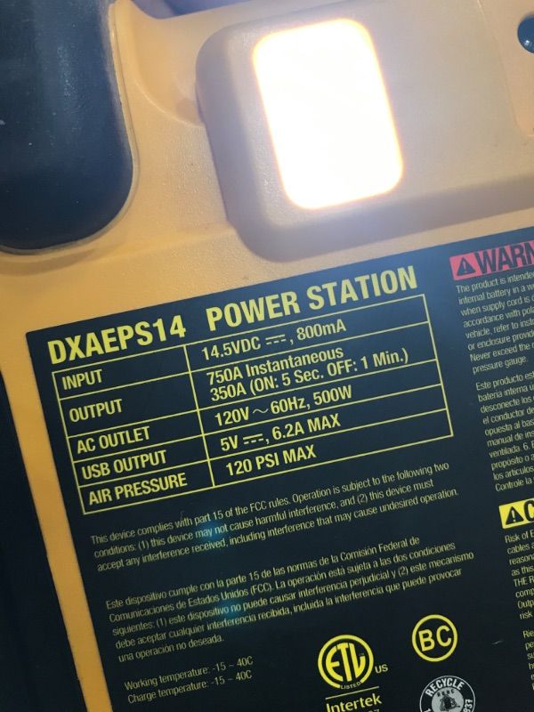 Photo 6 of DEWALT DXAEPS14 1600 Peak Battery Amp 12V Automotive Jump Starter/Power Station with 500 Watt AC Power Inverter, 120 PSI Digital Compressor, and USB Power , Yellow