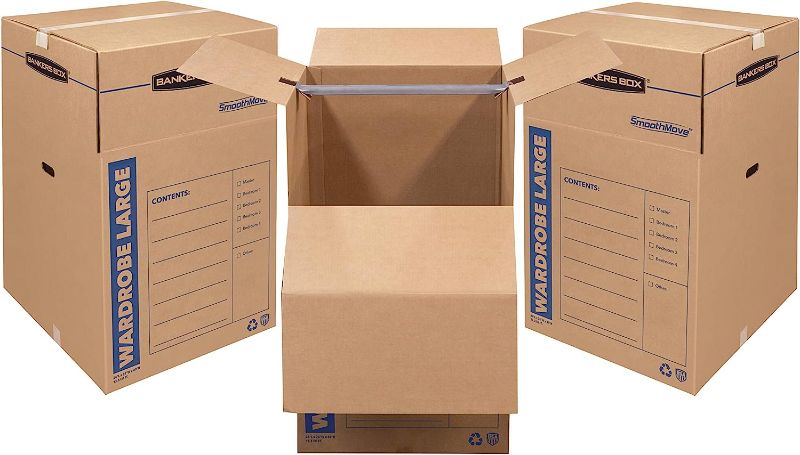 Photo 1 of Bankers Box SmoothMove Wardrobe Moving Boxes, Tall, 24 x 24 x 40 Inches, 3 Pack & Bankers Box SmoothMove Classic Moving Boxes, Tape-Free Assembly, Easy Carry Handles, Medium, 8 Pack Boxes + Boxes Medium