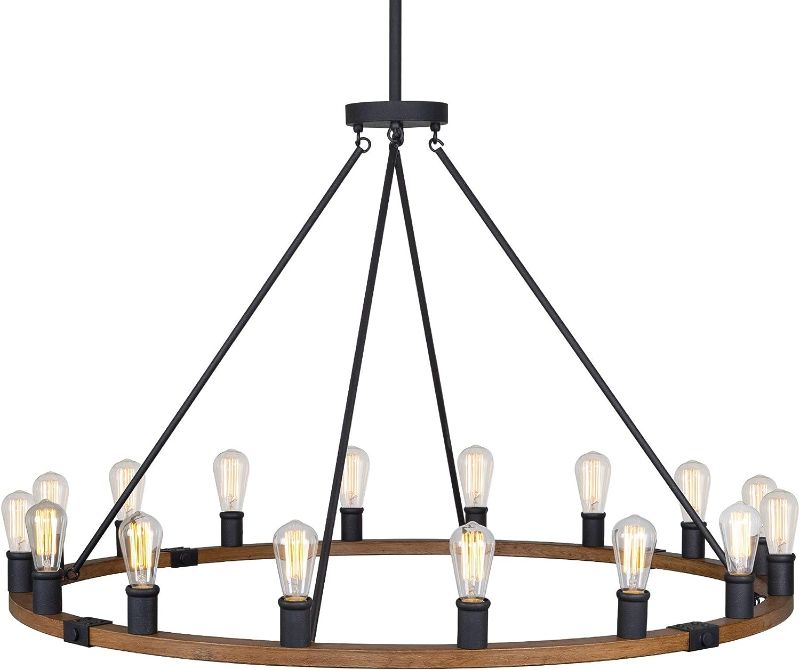 Photo 1 of **INCOMPLETE**Kira Home Jericho 48" 16-Light Large Rustic Farmhouse Wagon Wheel Chandelier, Round Kitchen Island Light, Textured Black Accents + Warm Oak Wood Style Finish
