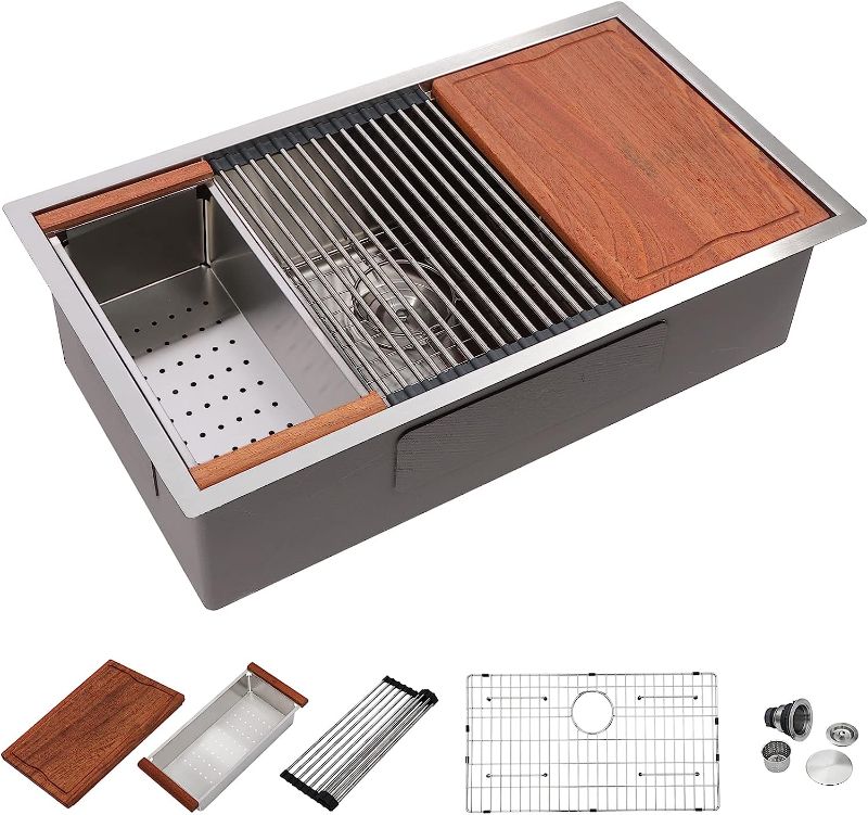 Photo 1 of 30" Undermount Kitchen Sink Workstation - Dcolora 30 Inch Stainless Steel Kitchen Sink with Ledge Round Corner X Grooves Wood Cutting Board 16 Gauge Single Bowl Under Counter Sink Basin
