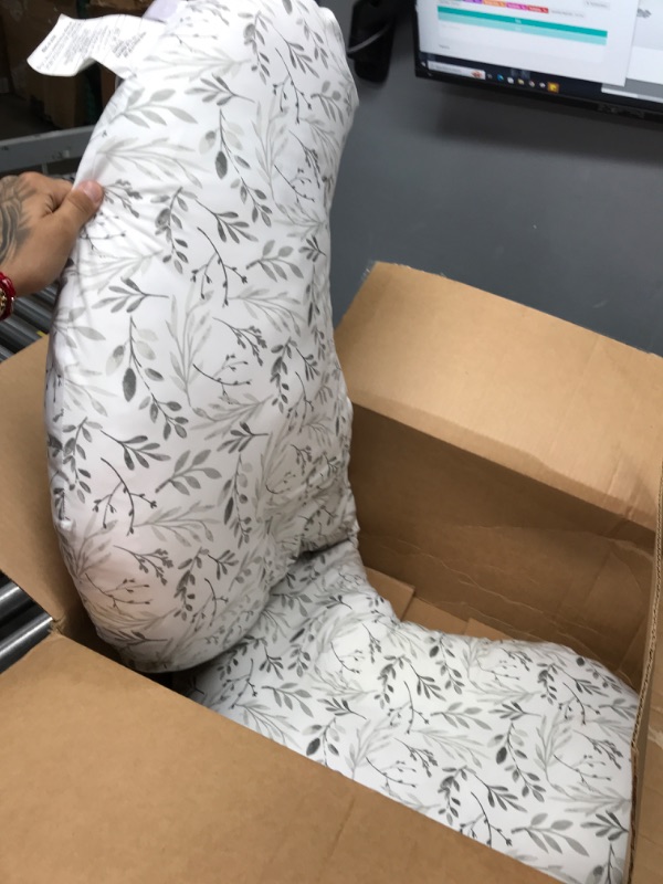 Photo 1 of Boppy Total Body Pregnancy Pillow with Easy-on Removable Pillow Cover in Gray Scattered Leaves for Full-body Support, Body Pillow for Pregnancy and Postpartum Positioning