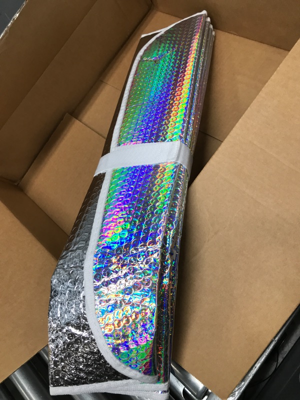 Photo 2 of Iridescent Mermaid, Hologram Foil, Chameleon Front Windshield Sun Shade, Double Bubble Accordion Folding Auto Sunshade for Car Truck SUV 58 x 27 Inch