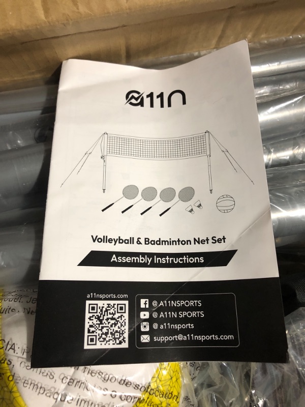 Photo 3 of A11N Outdoor Volleyball and Badminton Combo Set - Includes Adjustable Height Anti-Sag Net, Volleyball, Air Pump, 4 Badminton Rackets, 2 Shuttlecocks, Boundary Line Marker, and Carrying Bag