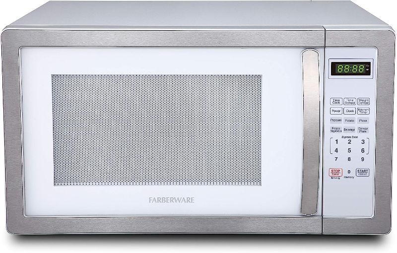 Photo 1 of ***POWERS ON*** Farberware Countertop Microwave 1000 Watts, 1.1 cu ft - Microwave Oven With LED Lighting and Child Lock - Perfect for Apartments and Dorms - Easy Clean White, Platinum