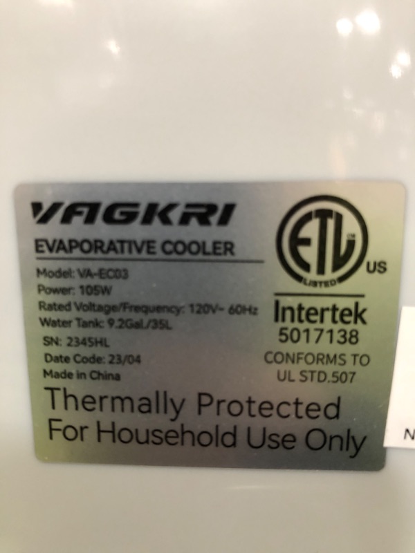 Photo 5 of * tested * works *
Evaporative Air Cooler, VAGKRI 2200CFM Swamp Cooler, 120°Oscillation Air Cooler with Remote Control, 