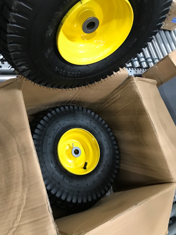 Photo 3 of (2 Pack) 15 x 6.00-6 Front Tire and Wheel Set - 4-Ply Replacement Tires with Wheels Assemblies for John Deere Riding Mower - for Lawn Tractors with 3" Centered Hub and 3/4" Bushings, Yellow