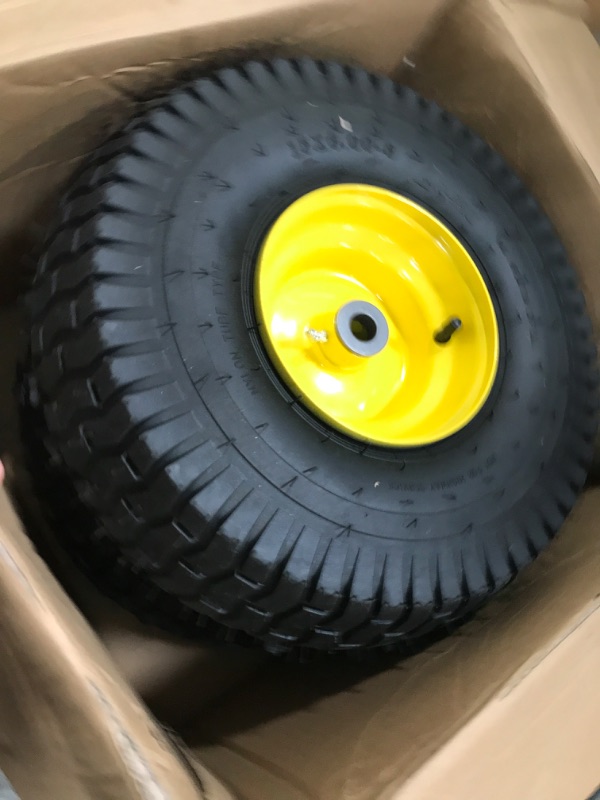 Photo 2 of (2 Pack) 15 x 6.00-6 Front Tire and Wheel Set - 4-Ply Replacement Tires with Wheels Assemblies for John Deere Riding Mower - for Lawn Tractors with 3" Centered Hub and 3/4" Bushings, Yellow