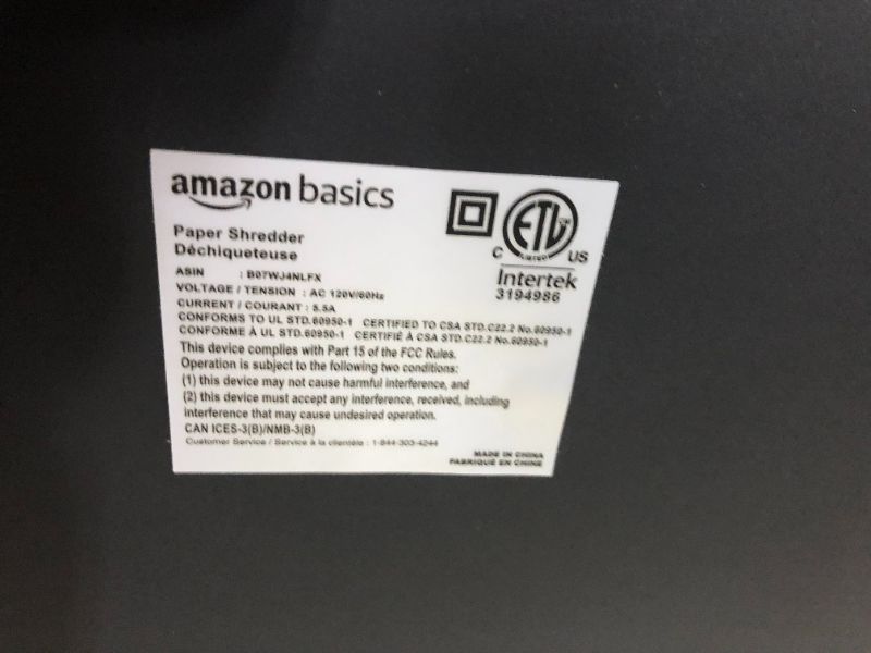 Photo 4 of ***NONFUNCTIONAL - FOR PARTS - SEE NOTES***
Amazon Basics 24-Sheet Cross-Cut Paper