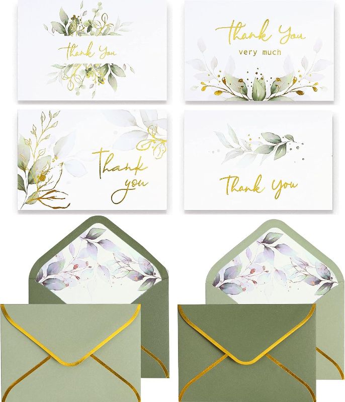 Photo 1 of 100 PK Sage Green Thank You Cards with Envelopes Bulk - 5 x 3.5 Inches Gold Greenery