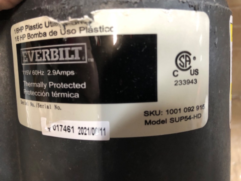 Photo 2 of Everbilt SUP54-HD 1/6 HP Plastic Utility Pump