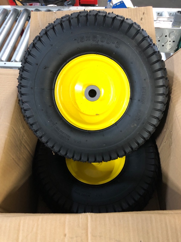 Photo 2 of (2 Pack) AR-PRO Exact Replacement 15" x 6.00 - 6" Front Tire and Wheel Assemblies  3” Hub Offset and 3/4” Bushings Yellow