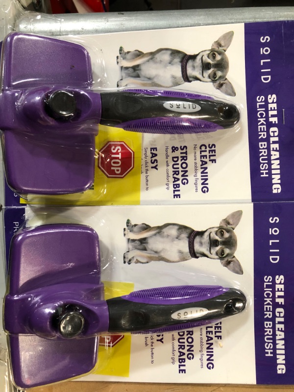 Photo 2 of 2 PACK Pet Slicker Brush - Dog & Cat Brush for Shedding & Grooming - Dematting & Detangling Self-Cleaning Brushes for Dogs, Cats & Pets Purple