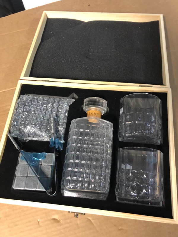 Photo 2 of *DAMAGED - SEE PICTURES* Whiskey Decanter Set with Glasses, Crystal Decanter Gifts for Men Husband Dad Boyfriend Birthday Groomsmen Wedding – 2 Whiskey Glasses 9 Chilling Stones with Tongs and 2 Coasters in Wooden Box