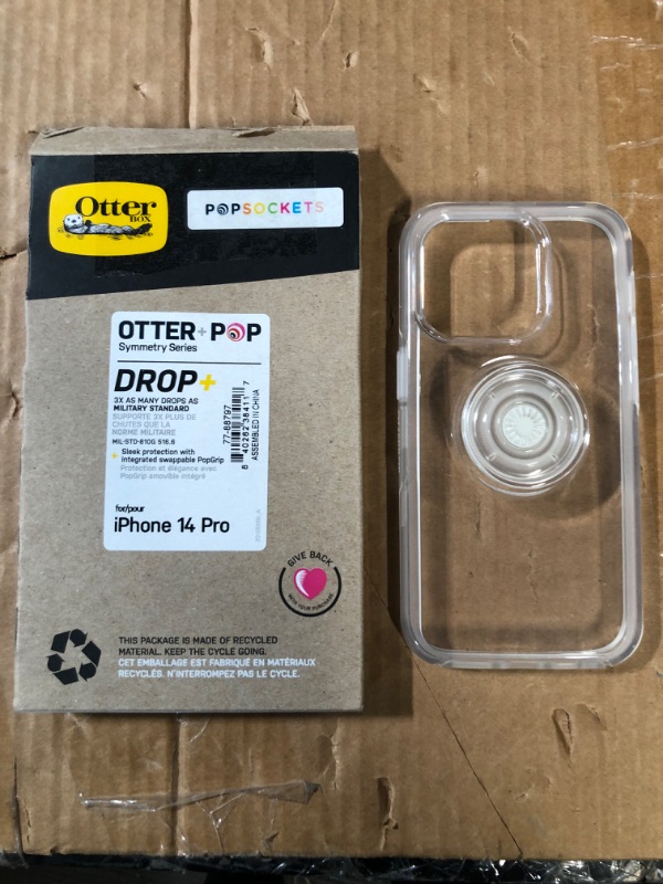 Photo 2 of OtterBox iPhone 14 Pro (ONLY) Otter + Pop Symmetry Series Clear Case - CLEAR , integrated PopSockets PopGrip, slim, pocket-friendly, raised edges protect camera & screen