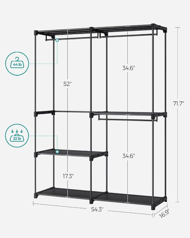 Photo 3 of (READ NOTES) SONGMICS Clothes Rack, Closet Racks for Hanging Clothes, Clothes Wardrobe with 3 Hanging Rods and Shelves, 16.9 x 54.3 x 71.7 Inches, Freestanding Closet Wardrobe Rack, Black URYG025B02