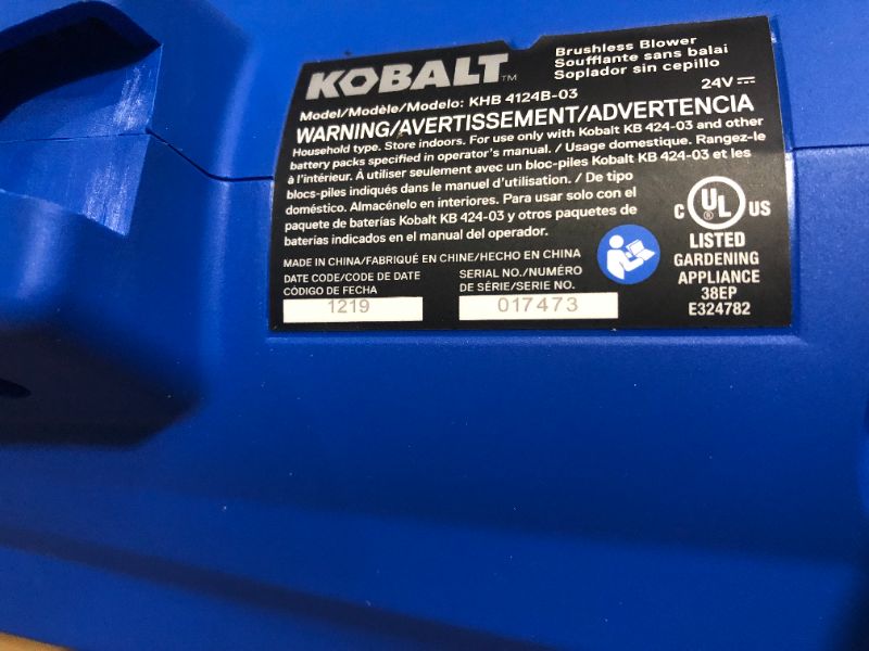 Photo 6 of (USED AND WRONG BATTERY)Kobalt 24-Volt Lithium Ion 410-CFM 100-MPH Brushless Cordless Electric Leaf Blower