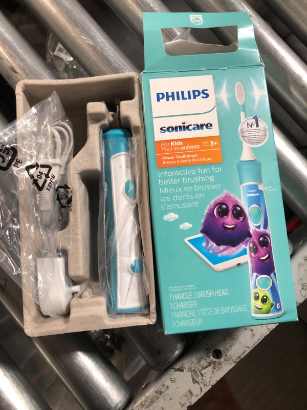 Photo 2 of **MISSING TOOTHBRUSH HEAD** Philips Sonicare for Kids 3+ Bluetooth Connected Rechargeable Electric Power Toothbrush, Interactive for Better Brushing, Turquoise, HX6321/02