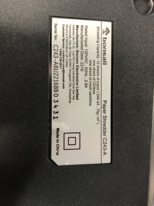 Photo 5 of **SEE NOTES** Bonsaii 12 Sheet Cross Cut C243-A Paper Shredder for Home Office Use WITHOUT 24 Pack Lubricant Sheets