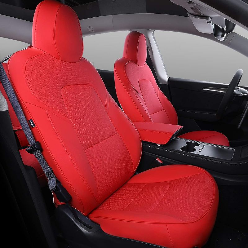 Photo 1 of  PU Leather Cover Fully Wrapped All Season Protection for Tesla Model Y 2020 2021 2022 RED