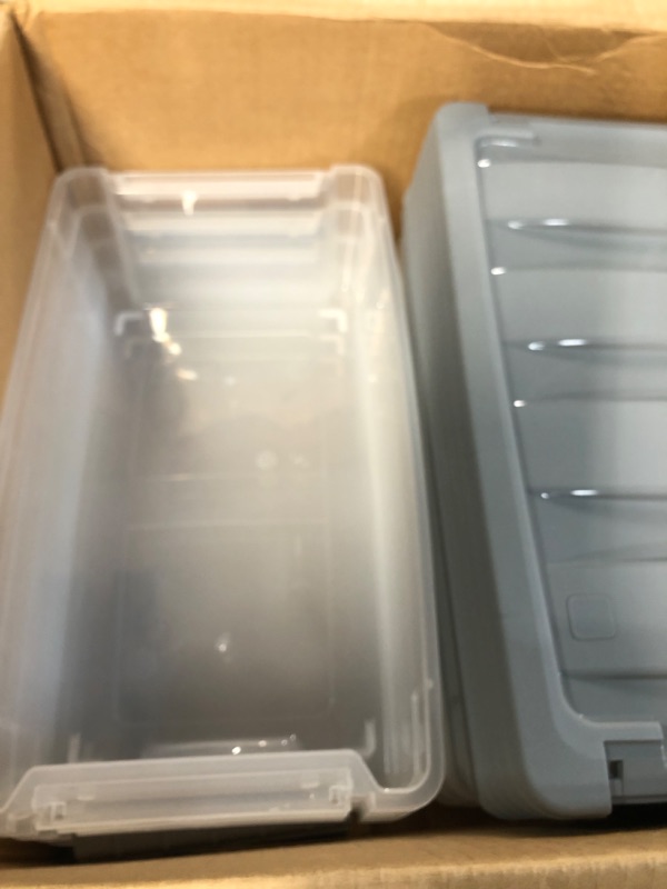 Photo 4 of * used * some boxes are damaged * 
Amazon Basics 5 Quart Stackable Plastic Storage Bins with Latching Lids- Clear/ Grey- Pack of 10 5 Qt. - 10 Pack