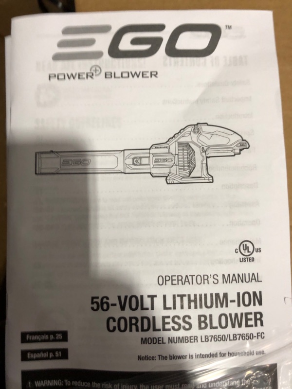 Photo 6 of * item not functional [FOR PARTS, READ NOTES]
EGO Power+ LB7654 765 CFM Variable-Speed 56-Volt Lithium-ion Cordless Leaf Blower 5.0Ah 