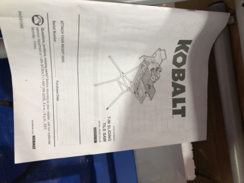 Photo 12 of *PREV USED SEE NOTES*Kobalt 7-in 10-Amp Wet Sliding Table Tile Saw with Stand MODEL #: KWS S72-06 SERIAL #: XIA2227467
