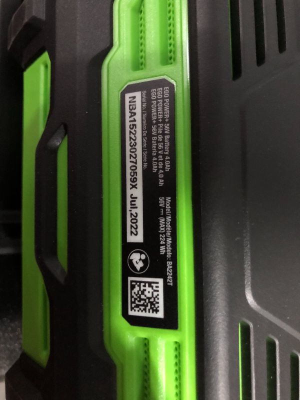 Photo 6 of ***LIGHTS UP WHEN PLUGGED IN - UNABLE TO TEST FURTHER***
EGO Power+ BA2242T 56-Volt 4.0Ah Battery with Upgraded Fuel Gauge, Green, With Charger