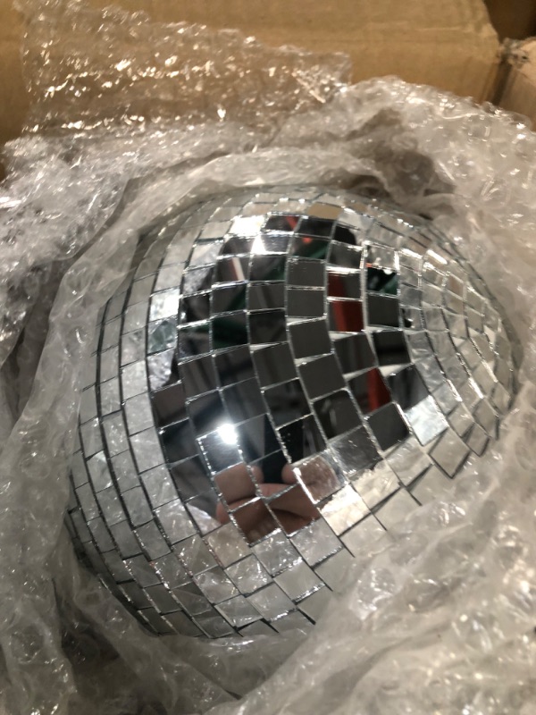 Photo 3 of **MAJOR DAMAGE TO ONE AND MINOR DAMAGE TO ANOTHER GLOBE** 4 Pack Large Disco Ball Silver Hanging Disco Balls Reflective Mirror Ball Ornament for Party Holiday Wedding Dance and Music Festivals Decor Club Stage Props DJ Decoration (8 Inch)