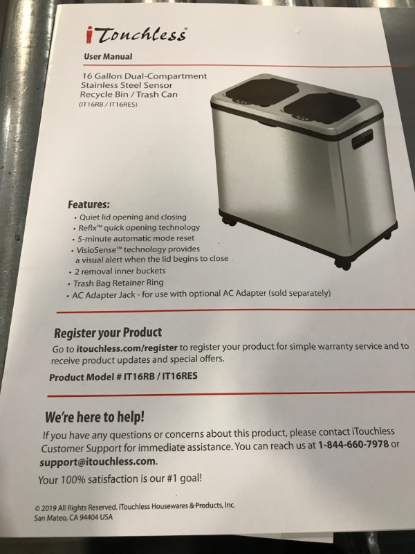 Photo 1 of ***ONE LID NON-FUNCTIONAL*** iTouchless Stainless Steel Trash Can / Recycler, Automatic Sensor Touchless Lid, Dual-Compartment (8 Gal Each) 16 Gal / 61 L