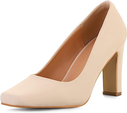 Photo 1 of mysoft Women's Square Toe Chunky Block High Heel Dress Pump Shoes 8 Nude Nubuck Pu
