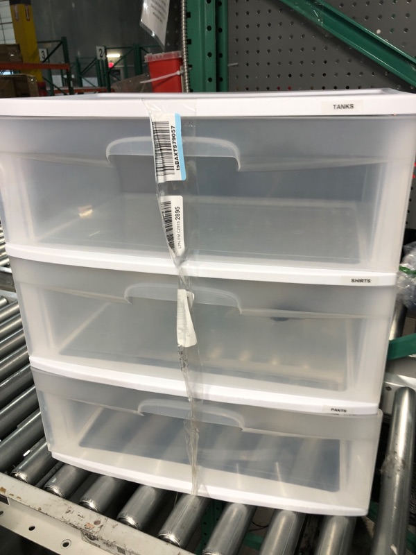 Photo 2 of **MISSING WHEELS/CASTERS** Sterilite 29308001 Wide 3 Drawer Cart, White Frame with Clear Drawers and Black Casters, 1-Pack