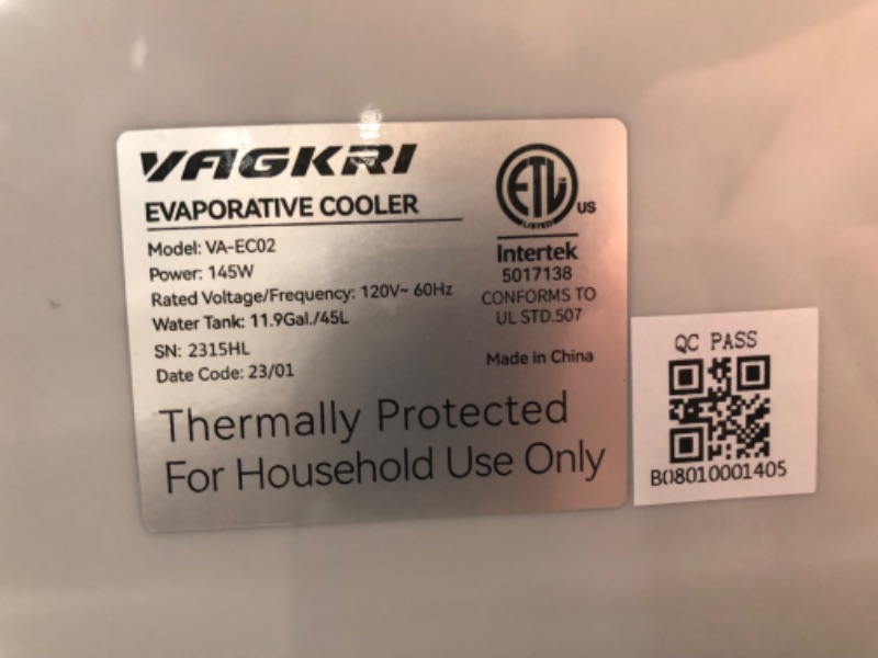 Photo 3 of **USED BUT APPEARS NEW** Evaporative Cooler, VAGKRI 3000CFM Evaporative Air Cooler, 120°Oscillation Swamp Cooler with Remote Control, 24H Timer, 3 Wind Speeds for Outdoor Indoor Use,12Gallon