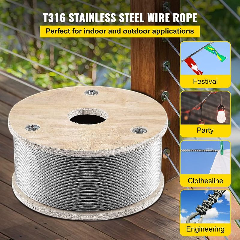 Photo 1 of VEVOR 316 Stainless Steel Wire Rope, 1/8'' Steel Wire Cable