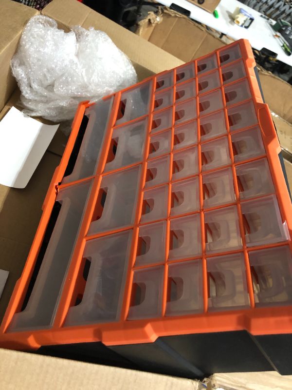 Photo 4 of **Orange Frame Broken** Tools, Hardware, Crafts Storage Organizer, 32 Small/4 Medium/2 Large Plastic Drawer Cabinets 