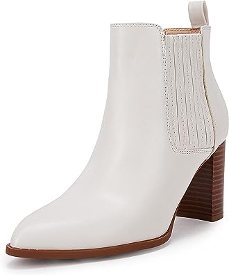 Photo 1 of LAICIGO Women’s Pointed Closed Toe Ankle Boots Chunky Stacked Heel Faux Leather Winter Chelsea Booties, size 11 White