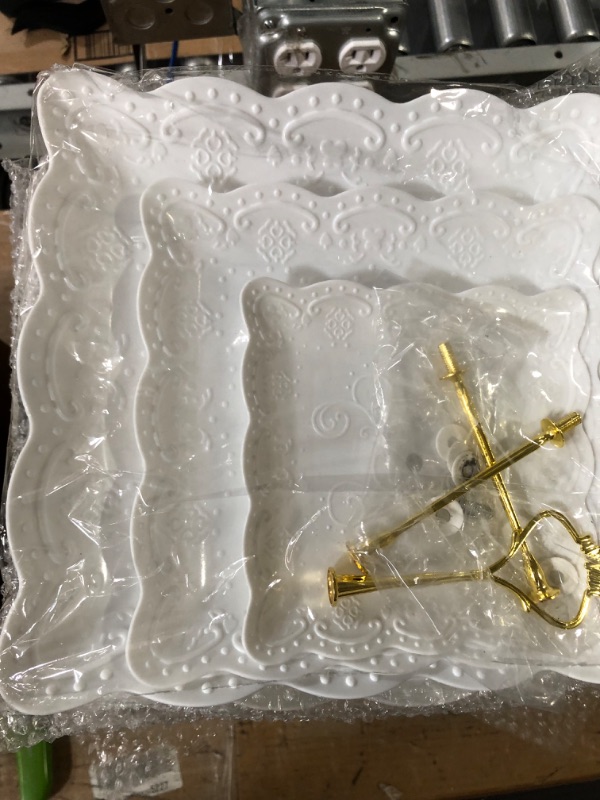 Photo 1 of Potchen 12 Pack 3 Tiers White Cupcake Stand Plastic Tiered Trays Holder Pastry Serving Platter Fruit Cookie Display Tower Tray Dessert with Gold Rod for Wedding Tea Birthday Party